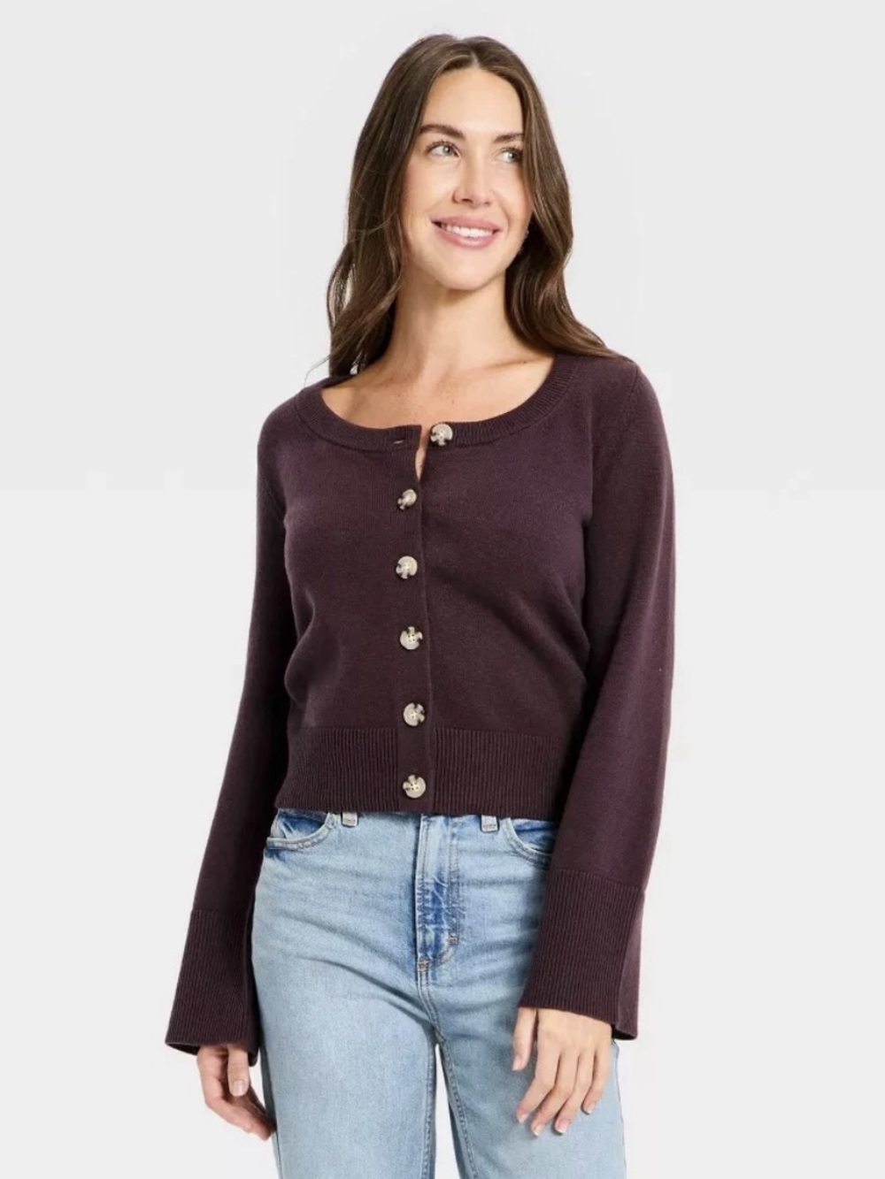 Universal Thread Womens Button-Down Scoop Neck Cardigan Sweater Ribbed Knit Plum